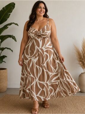 1.STATE Summer Dress sz XL Brown & Cream Backless Twist-Front Maxi Dress